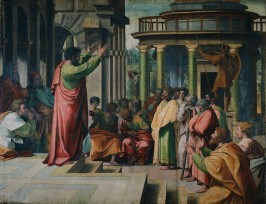 Paulus predigt in Athen * Foto eines Bildes von Raphael um 1515, Royal Collection of the United Kingdom, [Public domain], via Wikimedia Commons